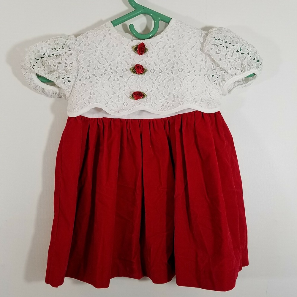 Primrose Pink Dress Red White Colored Size 3T Velvet Vintage Baby Girl